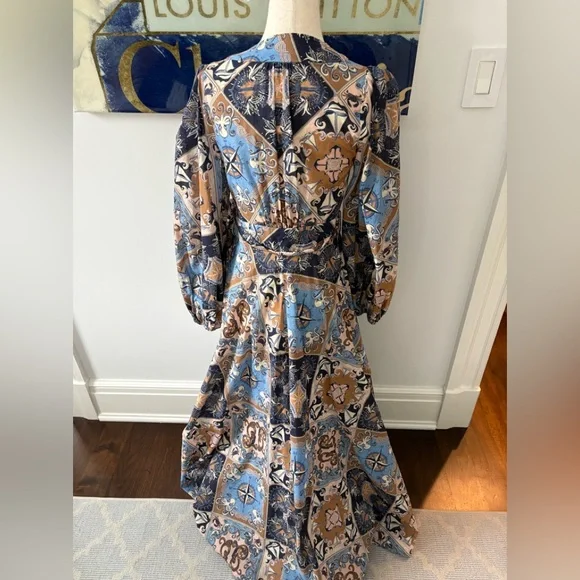 Zimmermann Patchwork Sailor Print Blue and Tan Long Sleeve Wrap Dress
